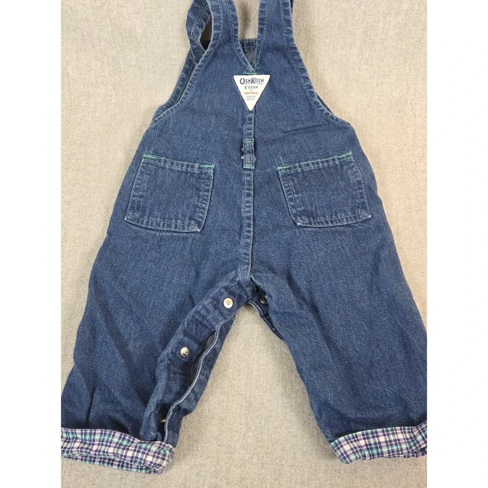 Vintage Oshkosh Baby B Gosh Denim Overalls 12M Airplane Teddy Bear Plaid‎ USA